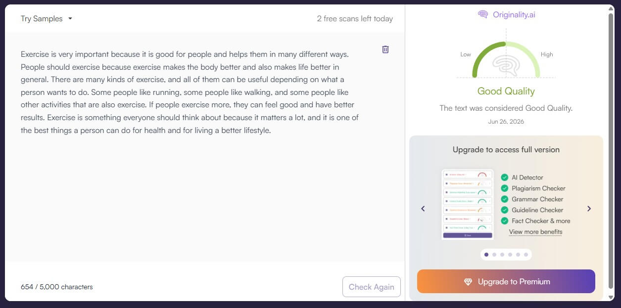 Originality.ai content quality sample 1 result