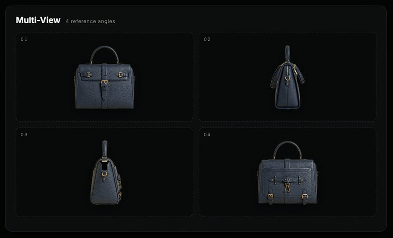 Alpha3D Multi-View interface showing a handbag photographed from four different angles