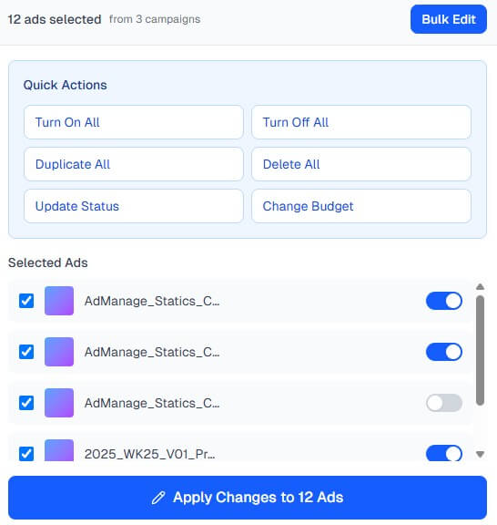 AdManage.ai bulk edit workflow