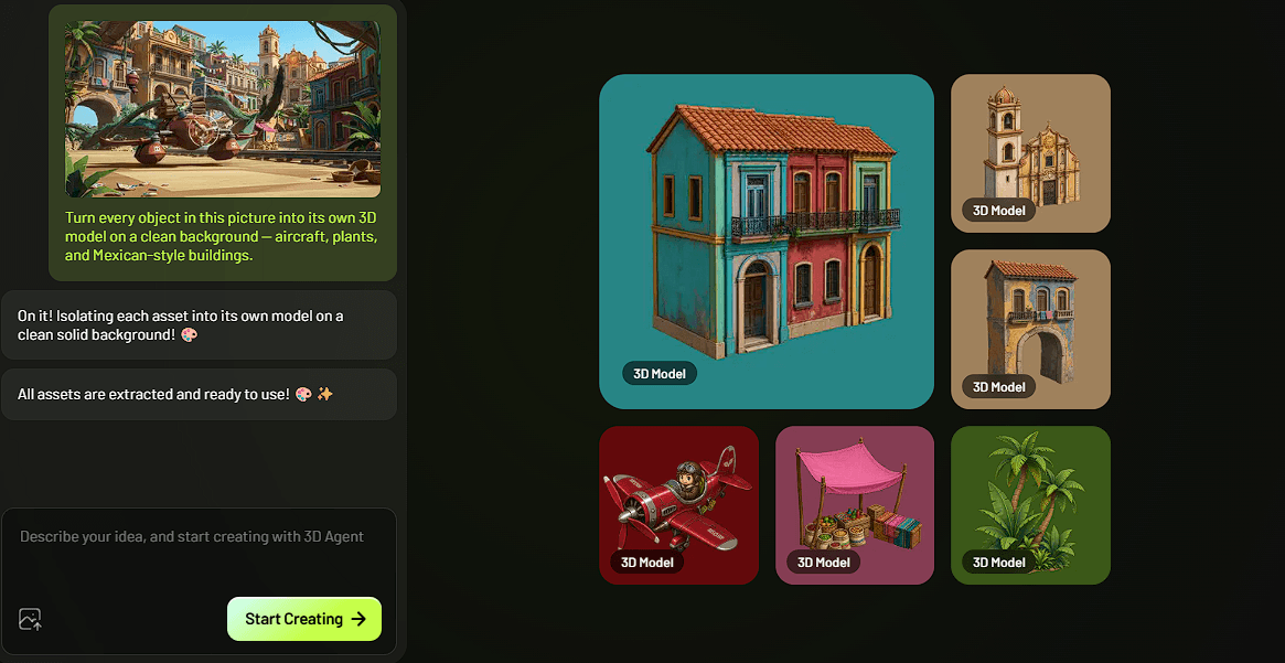 Meshy 3D Agent turning objects from a reference scene into separate 3D assets