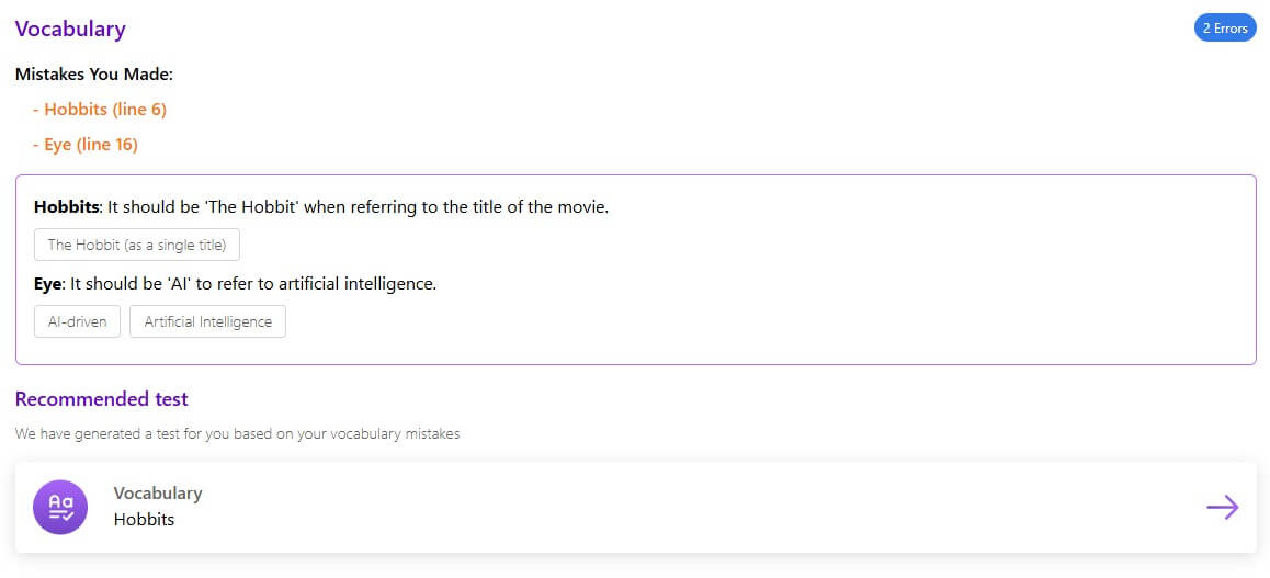 Vocalo vocabulary feedback with word choice corrections