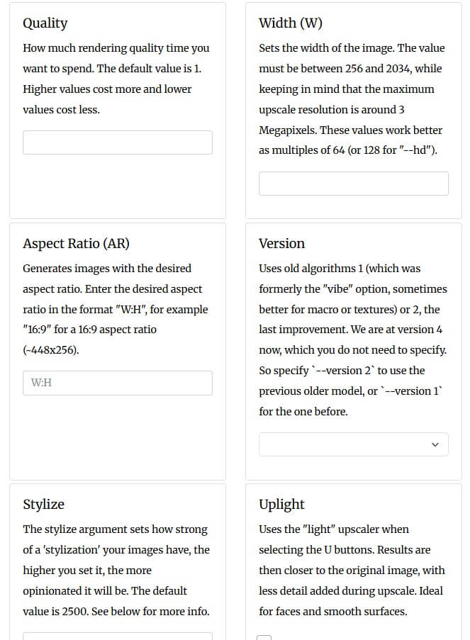 Midjourney Prompt Generator settings for prompt parameters and exclusions