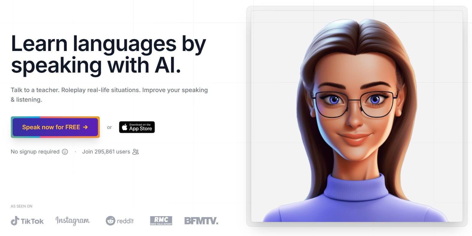 Gliglish homepage with AI language tutor preview