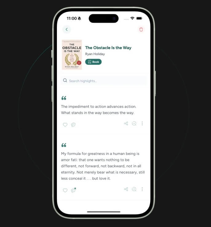 Screvi saved highlights from a book with search inside source