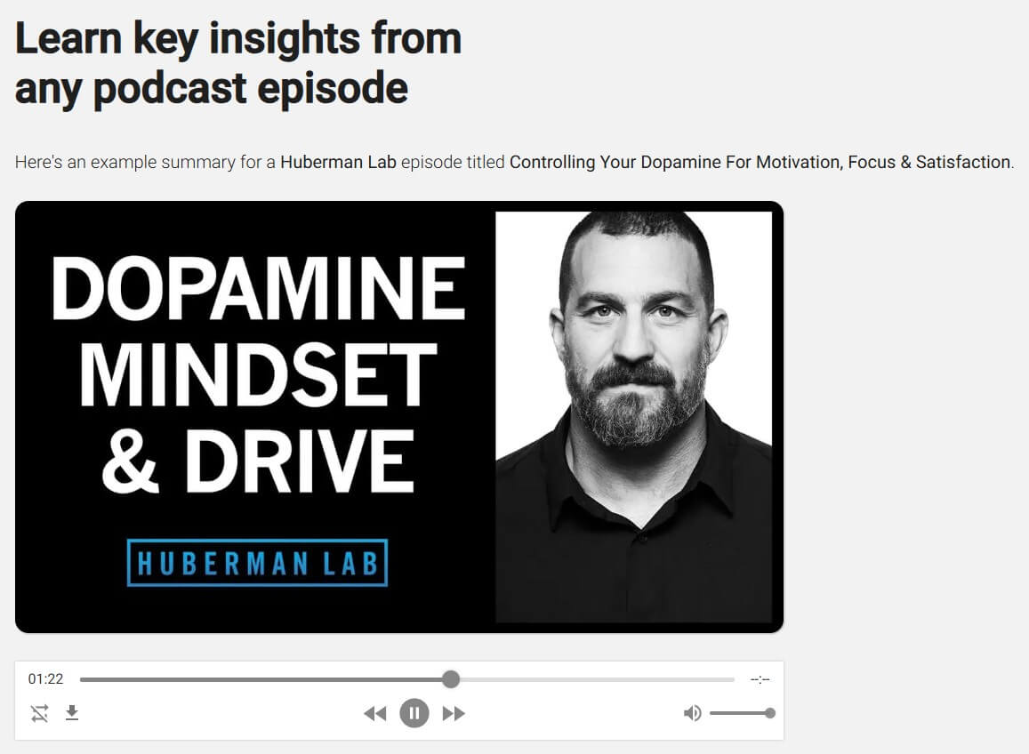 PodSnap.AI Huberman Lab dopamine episode summary with audio player