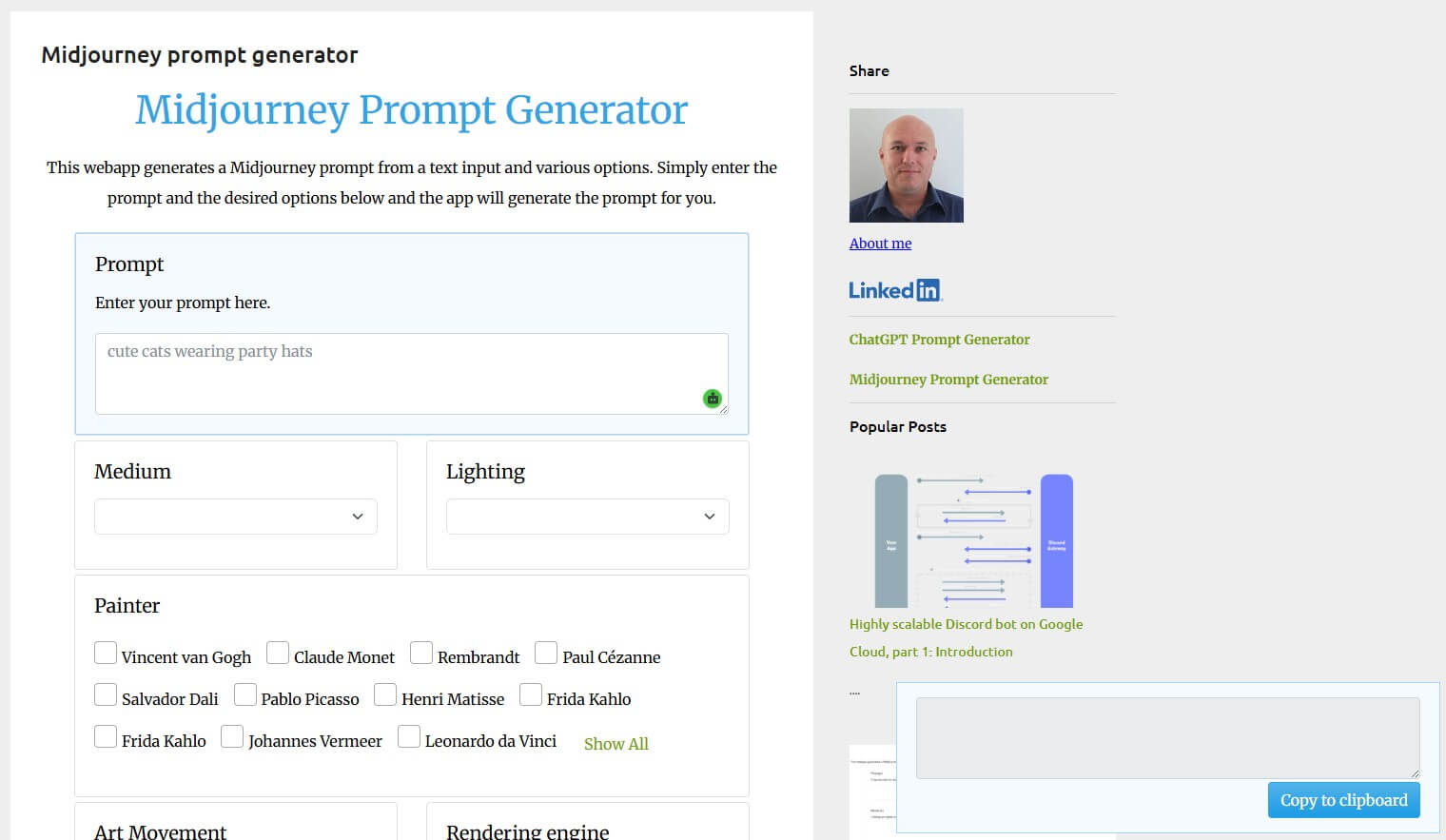 Midjourney Prompt Generator main prompt builder interface