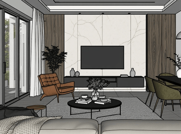 Source architectural 3D model view before AI rendering in Vibe3D
