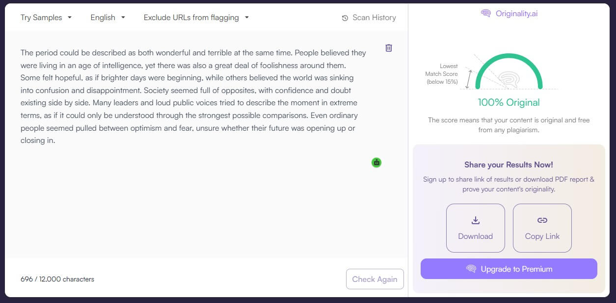 Originality.ai plagiarism checker sample 2 result