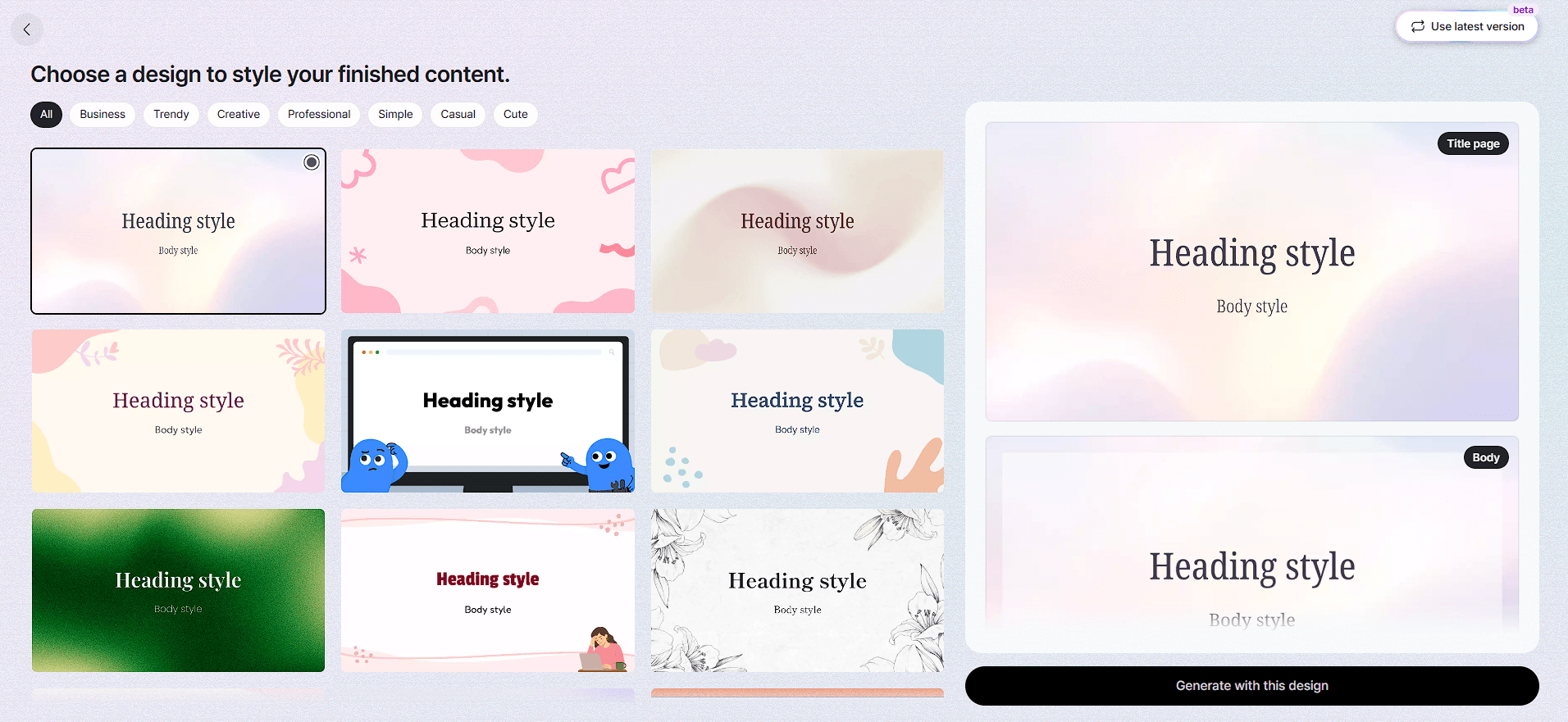 MiriCanvas AI Presentation design selection screen with multiple visual styles