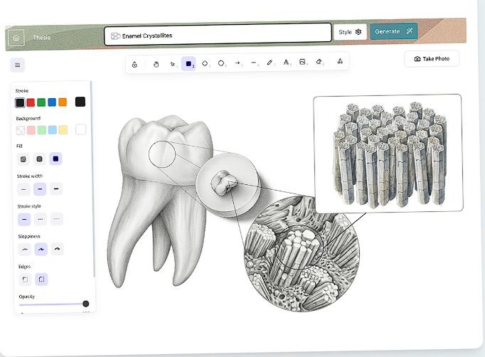 Illustrae intelligent canvas assembling tooth and enamel illustrations with magnified scientific details