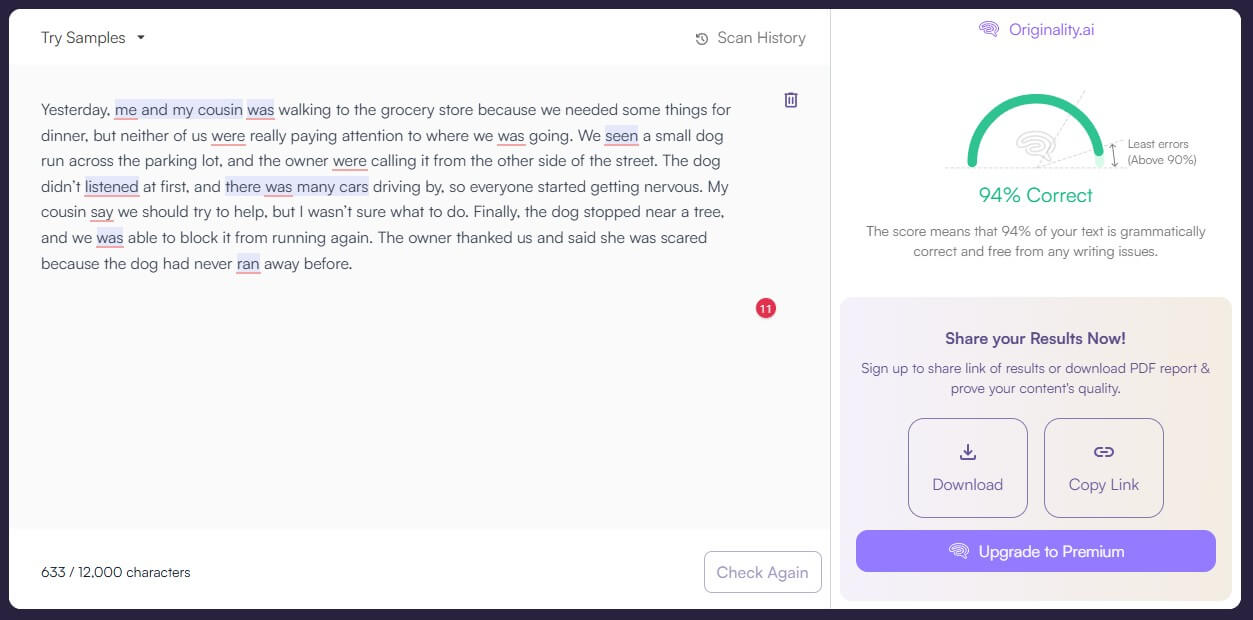 Originality.ai grammar checker sample result