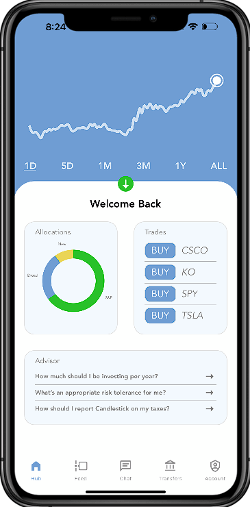 Candlestick mobile dashboard showing portfolio allocation, trades, and Advisor questions