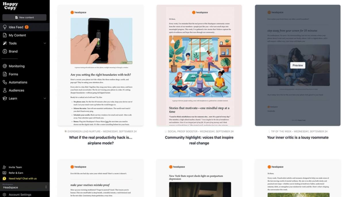 Hoppy Copy Idea Feed with campaign concepts