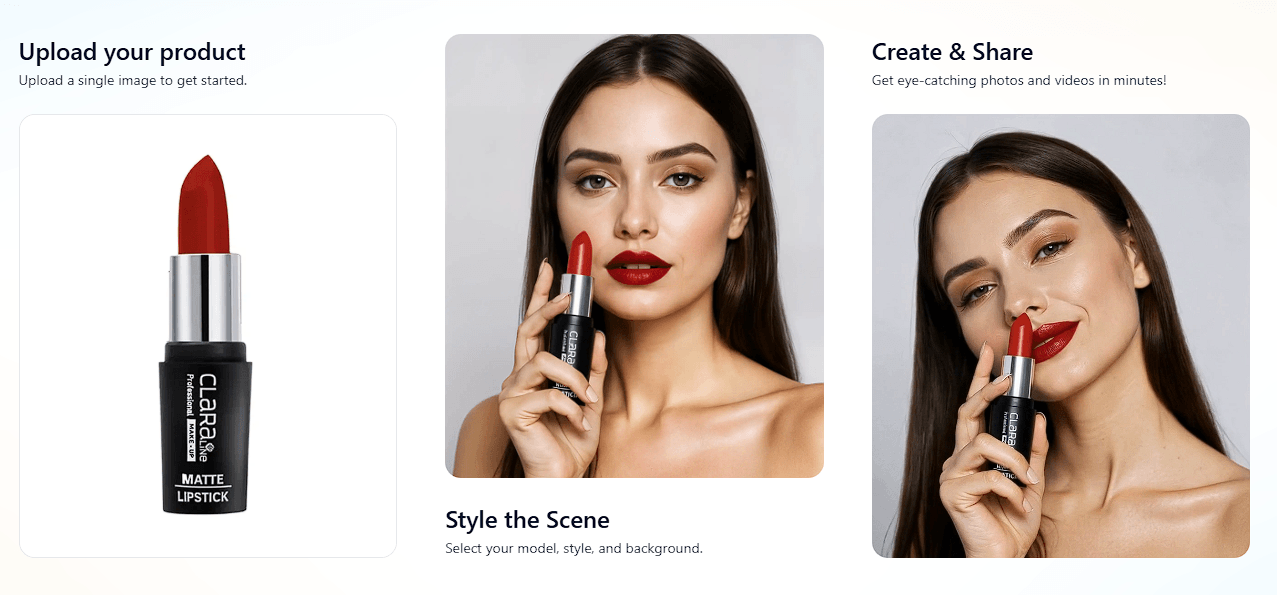 PhotoFox AI cosmetics workflow showing a lipstick transformed into model-based product photography