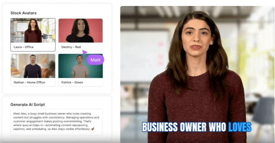 Quso AI influencer avatar and script interface