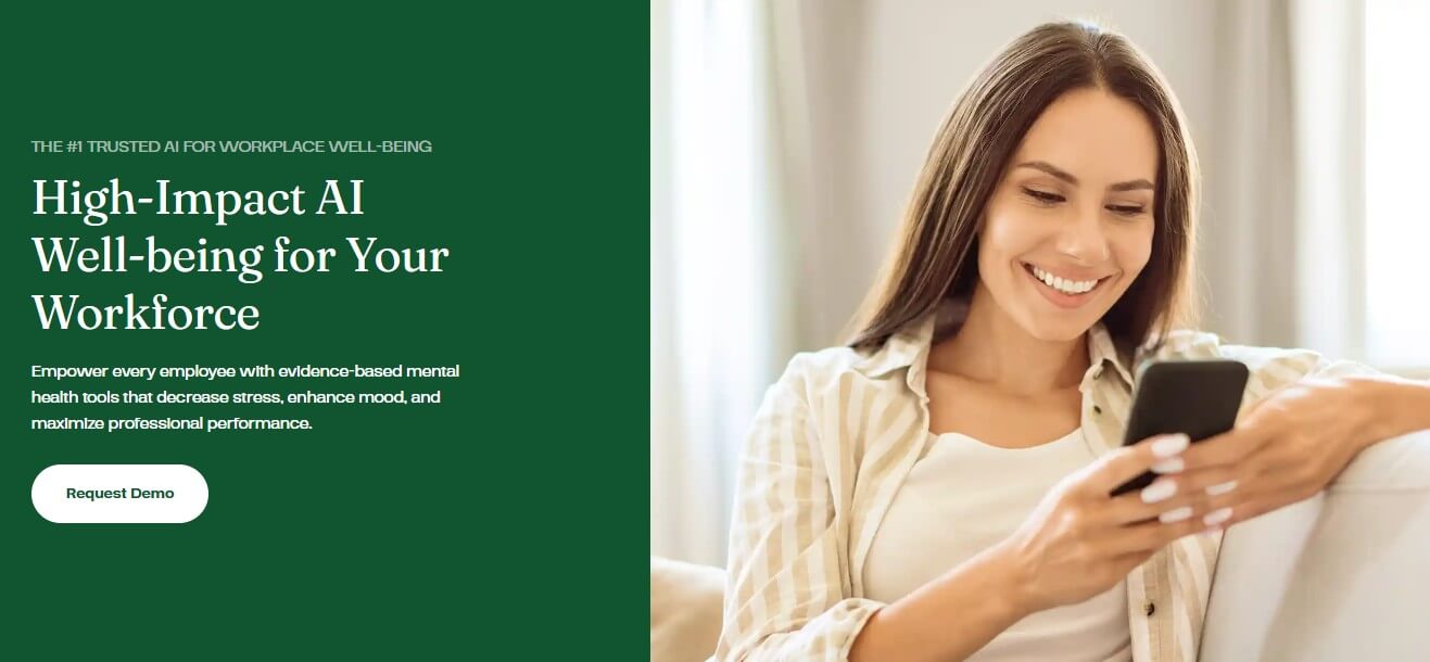 Yuna AI workplace well-being homepage with request demo button
