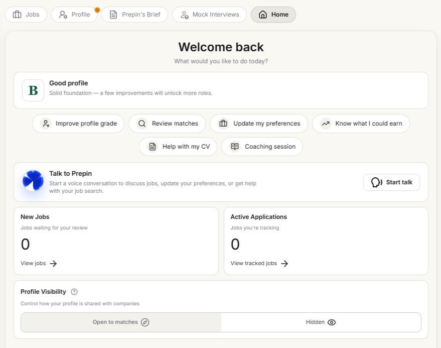 PREPIN home dashboard with profile grade job actions and tracked applications