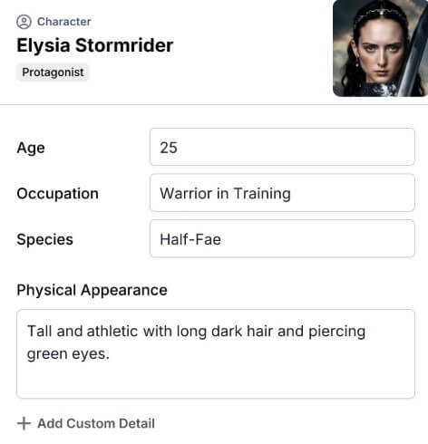 Novelcrafter custom character details
