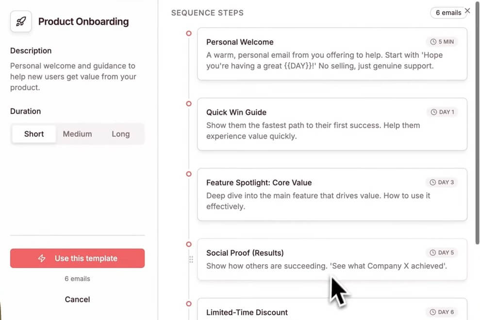 Sequenzy product onboarding templates