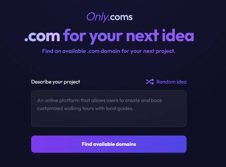 Only.coms domain finder homepage