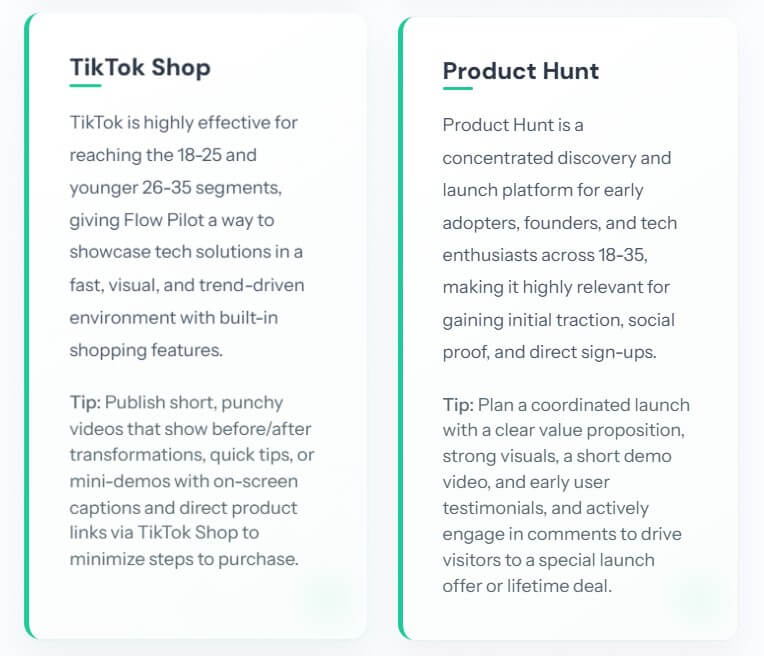 FlowPilot TikTok Shop and Product Hunt sales channel recommendations