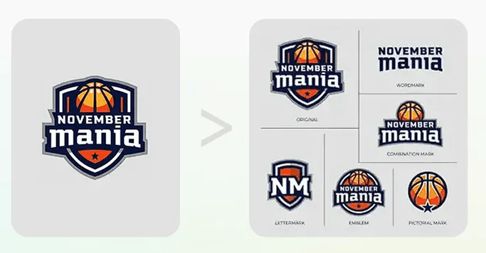 Logo Diffusion logo system showing a primary badge transformed into wordmark, combination mark, lettermark, emblem, and pictorial variants