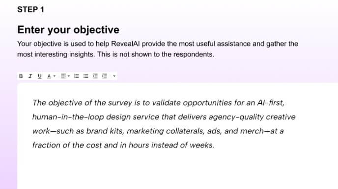 Reveal AI workflow step 1 set an objective