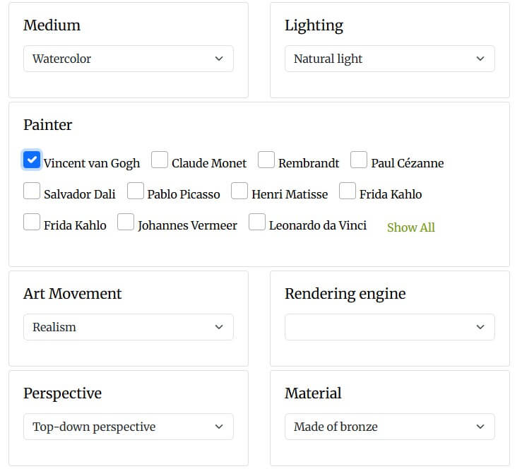 Midjourney Prompt Generator modifier settings for style and lighting