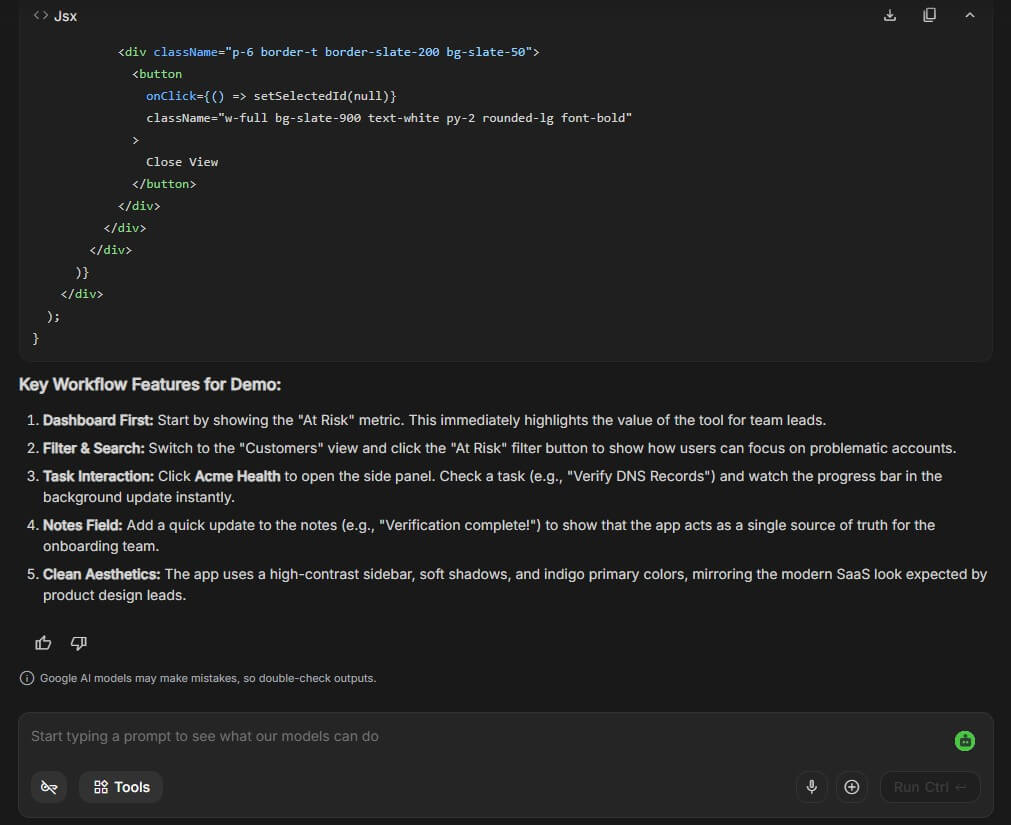 Google AI Studio prompt 4 Build Mode prototype output