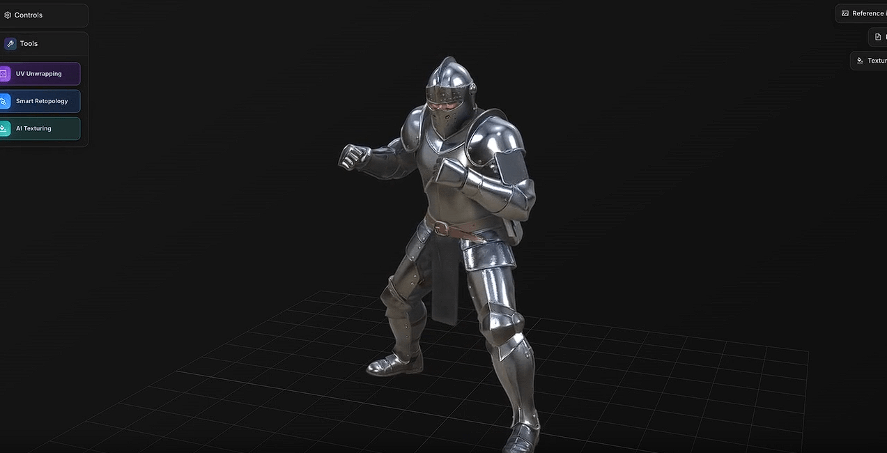 Alpha3D workspace showing a detailed armored character model with UV, retopology, and texturing tools