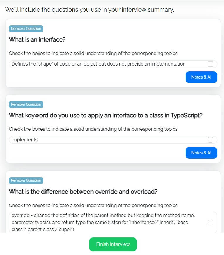 InterviewAI role-based interview question selection screen