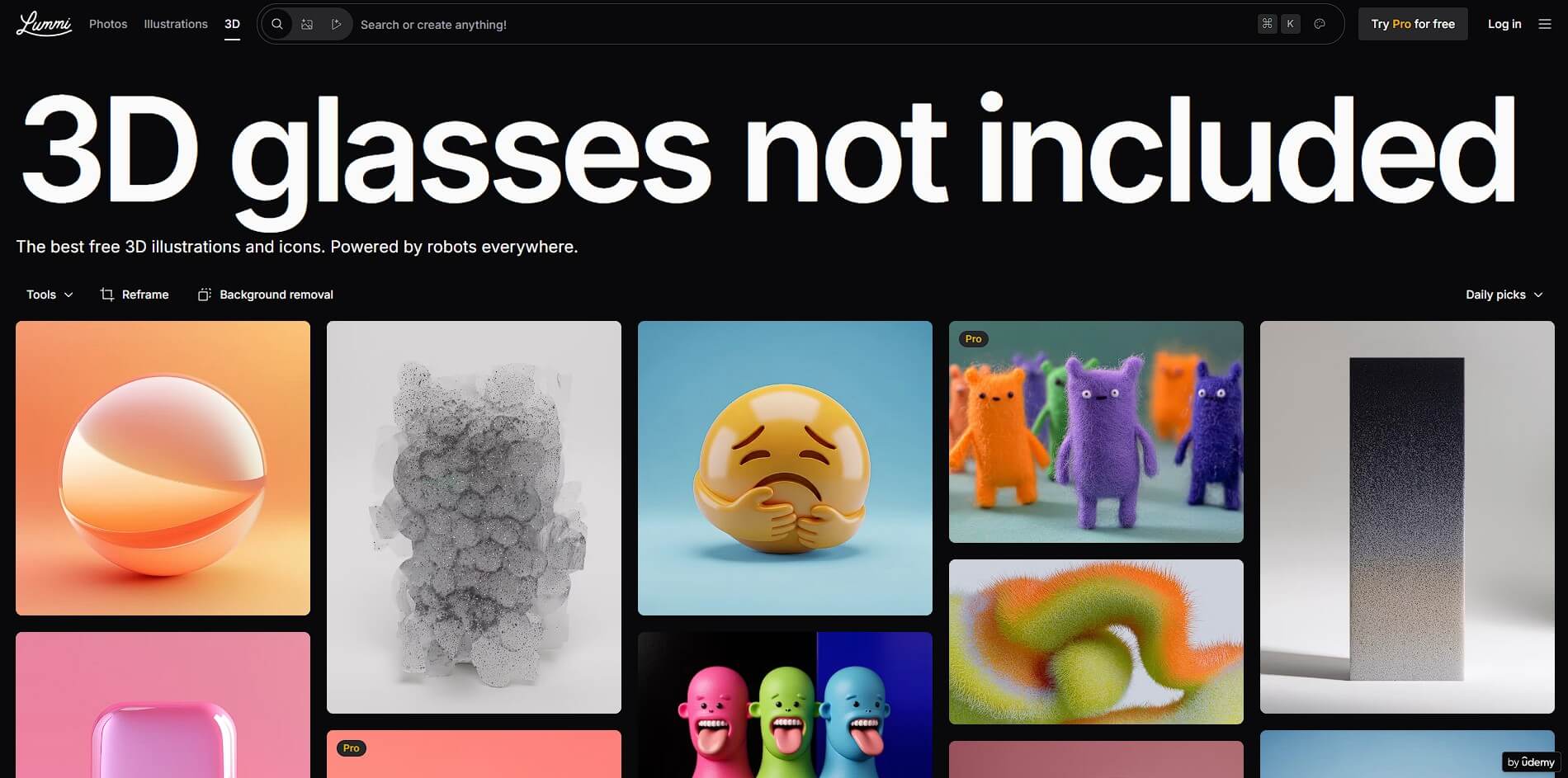Lummi 3D asset library with 3D illustrations and creative tools