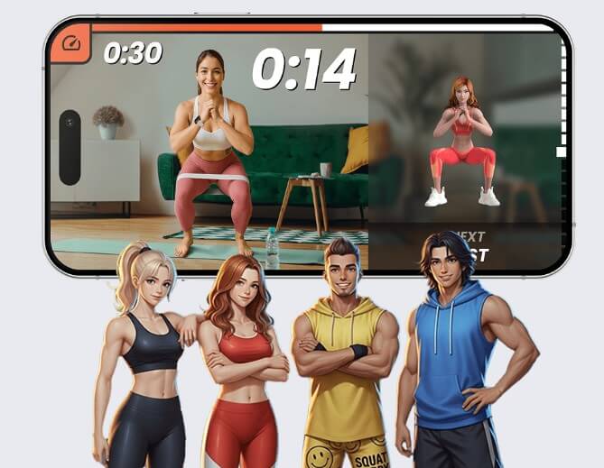Impakt AI coach workout interface with animated coach characters
