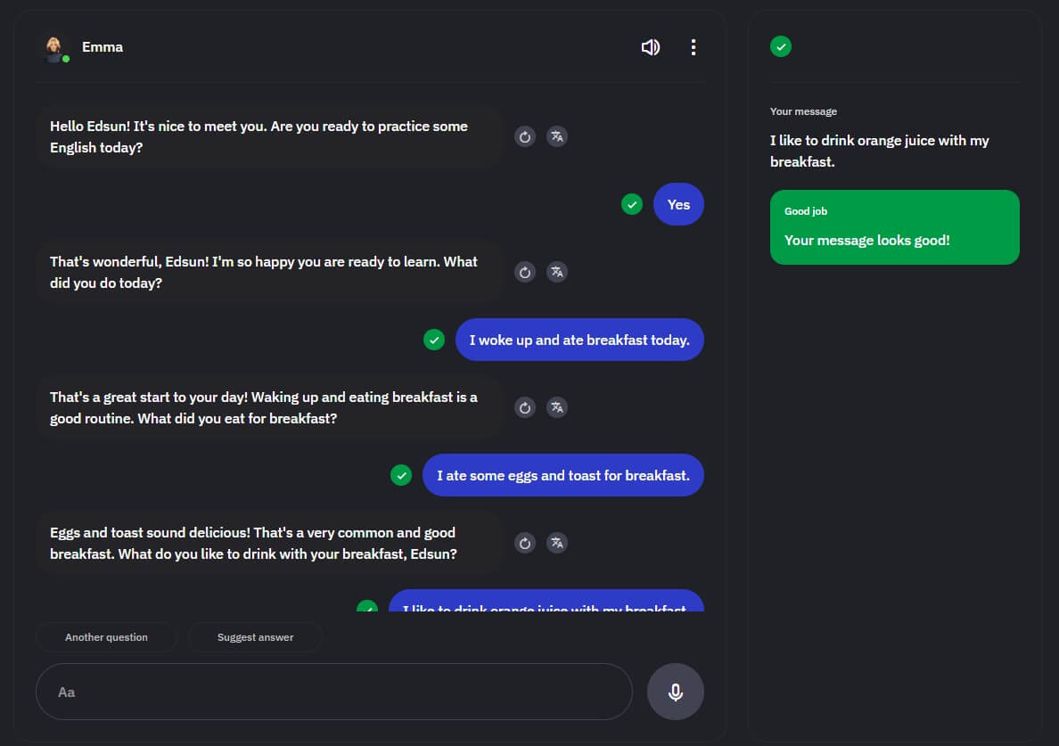 Talkpal chat interface with live feedback from Emma