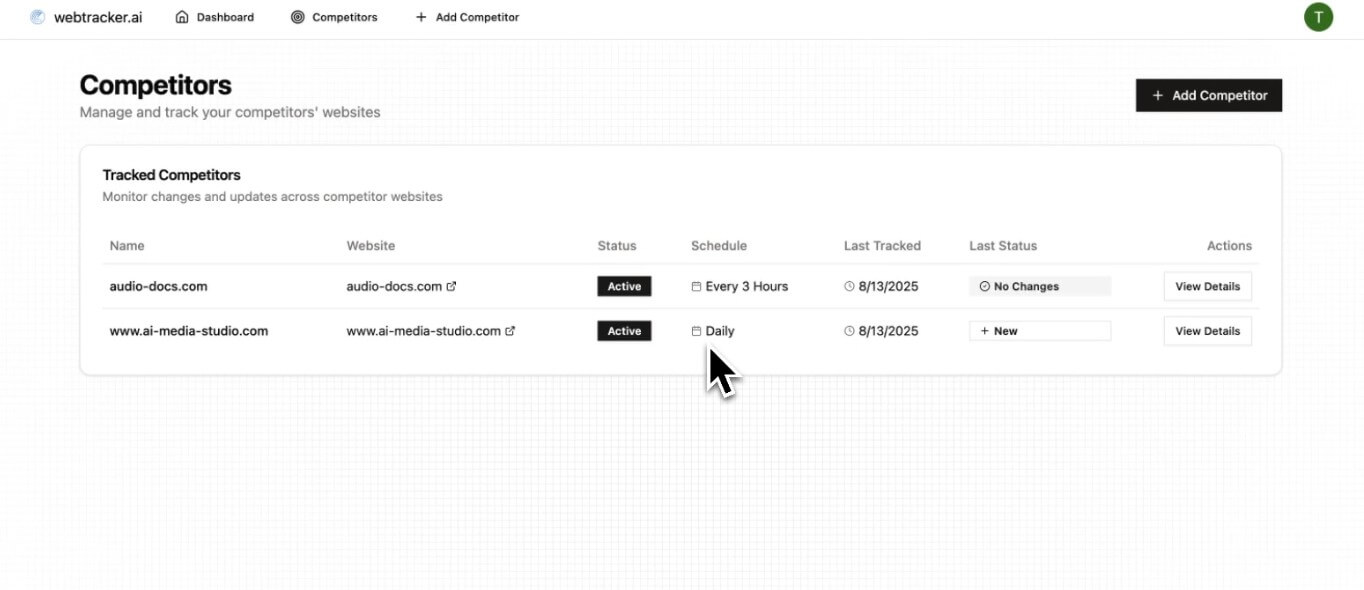 Webtracker.ai competitor tracking workflow