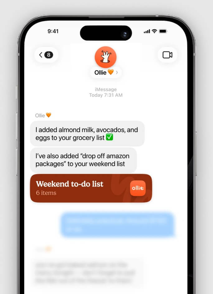 Ollie AI shared to-do list inside text messages