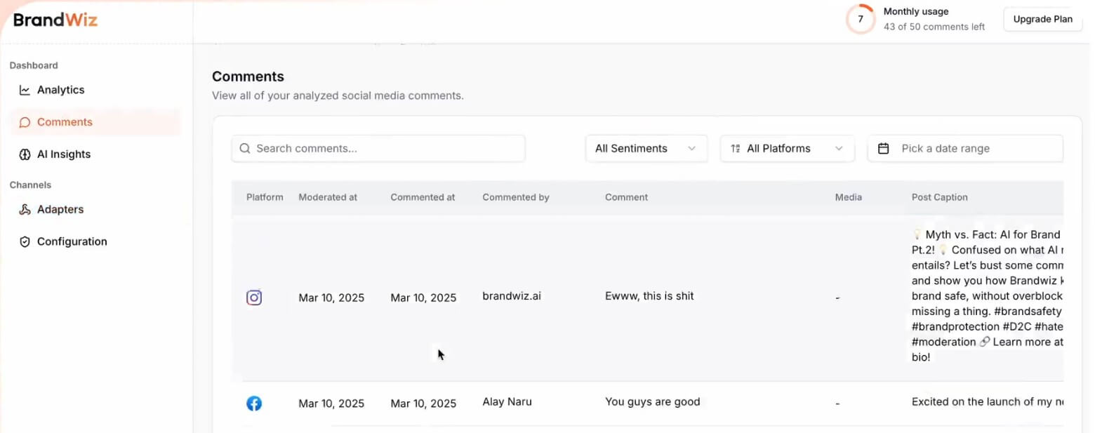 BrandWiz comments moderation