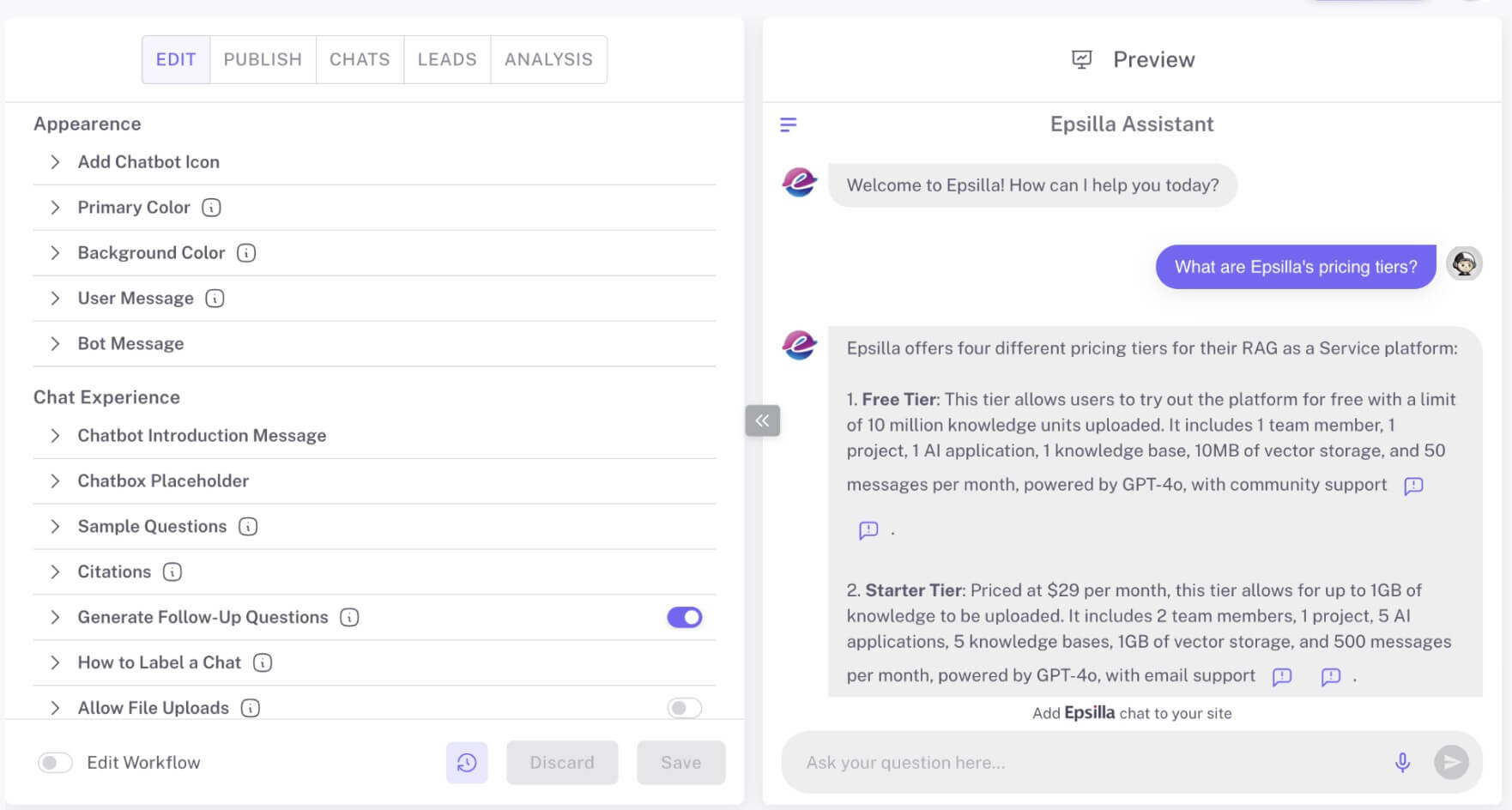 Epsilla customize chatbot