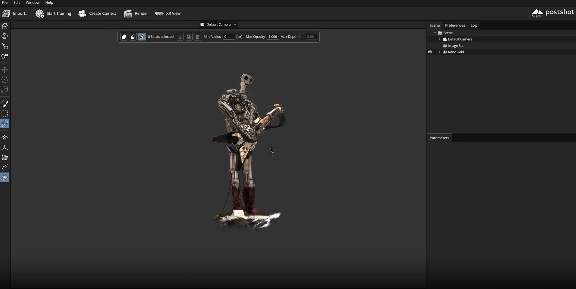 PostShot 3D reconstruction workspace displaying a Gaussian Splat scene and reconstruction controls