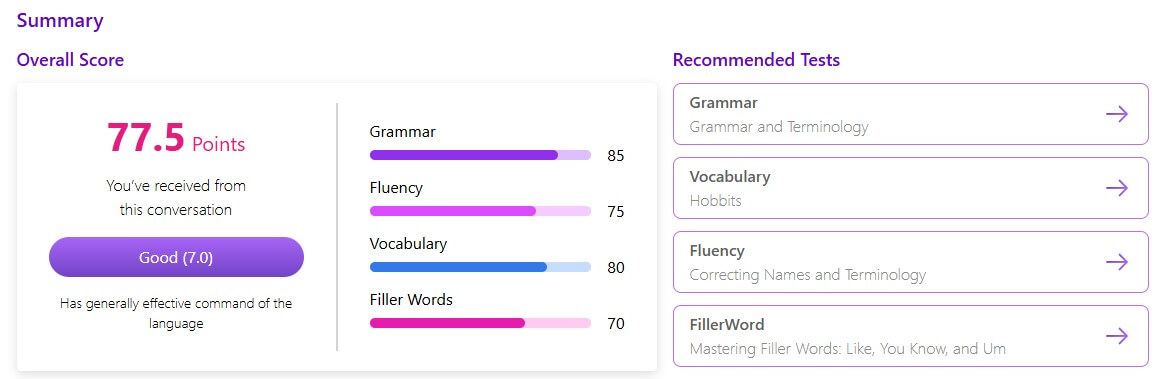 Vocalo conversation summary with overall score and recommended tests