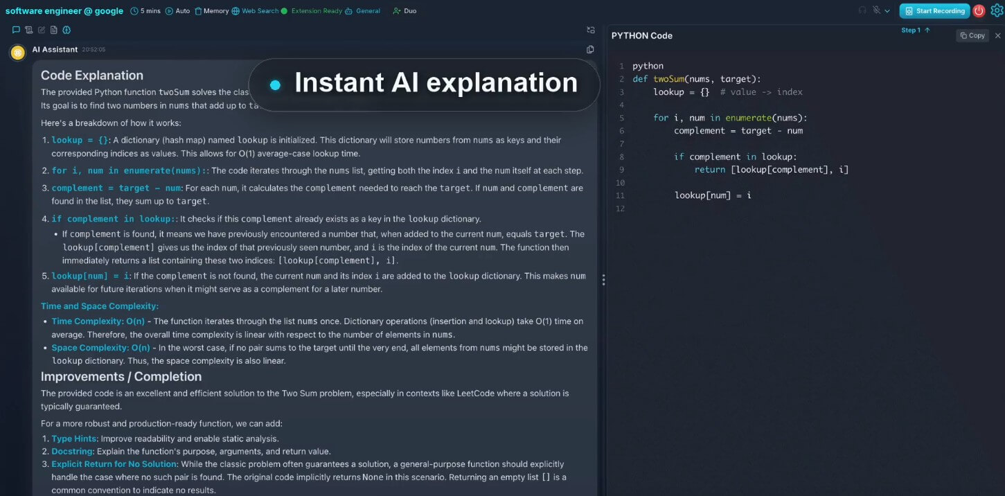 LockedIn AI instant explanation of Python two sum code