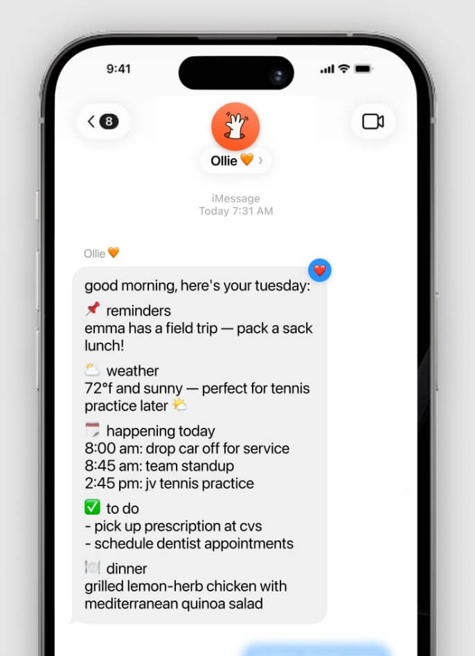 Ollie AI daily briefing text message for family schedule