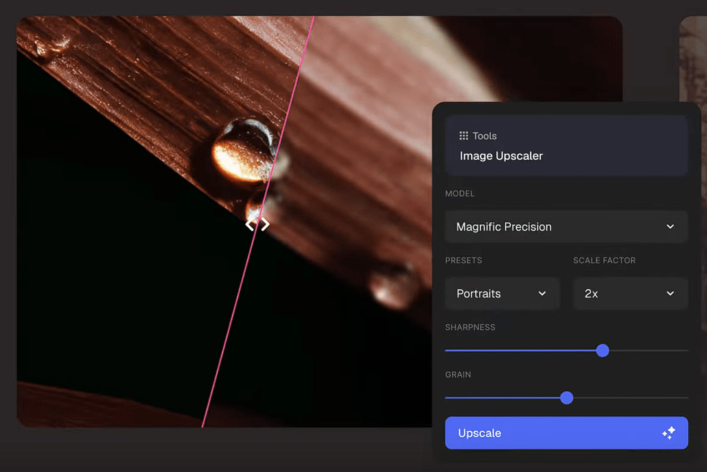 Magnific Precision image upscaler with scale, sharpness, and grain controls