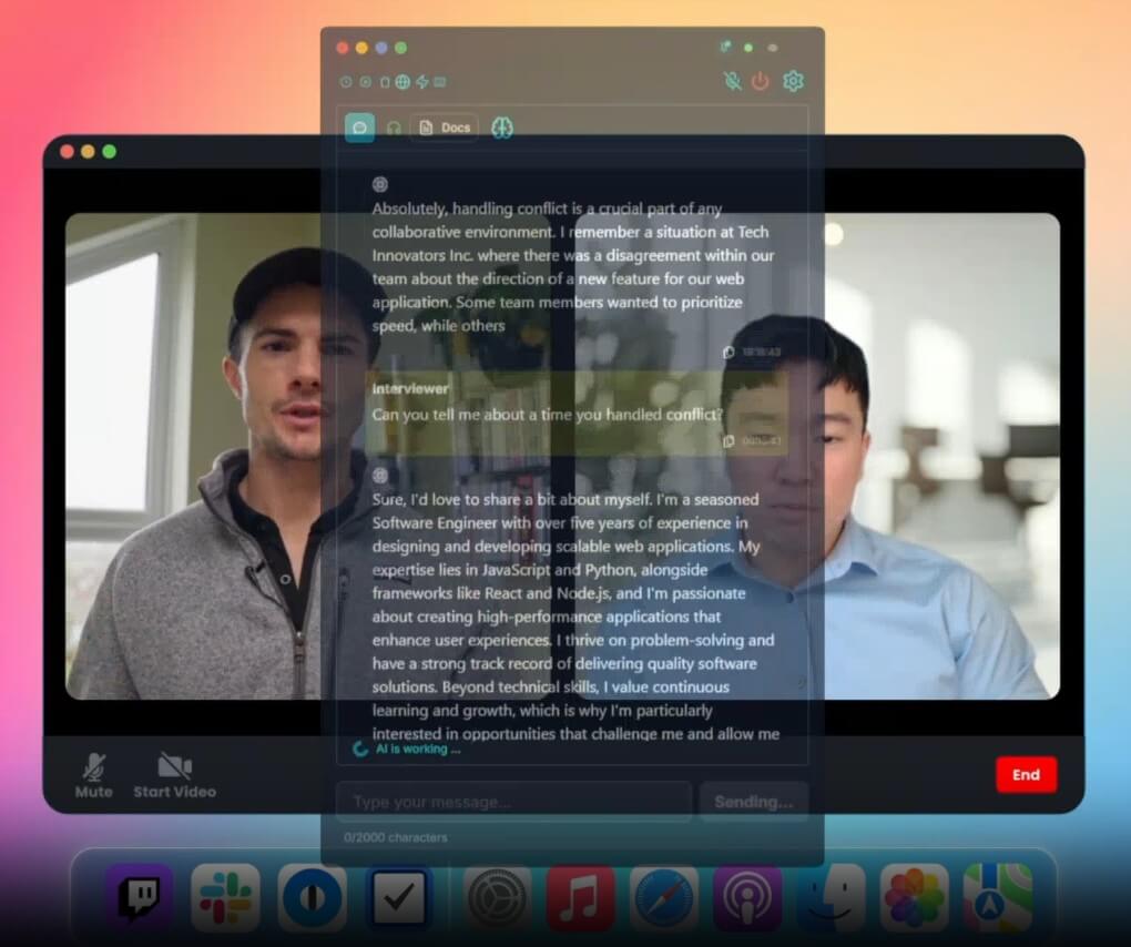 LockedIn AI translucent assistant overlay during video interview