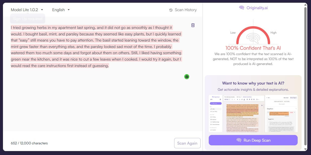 Originality.ai AI Checker sample 2 result
