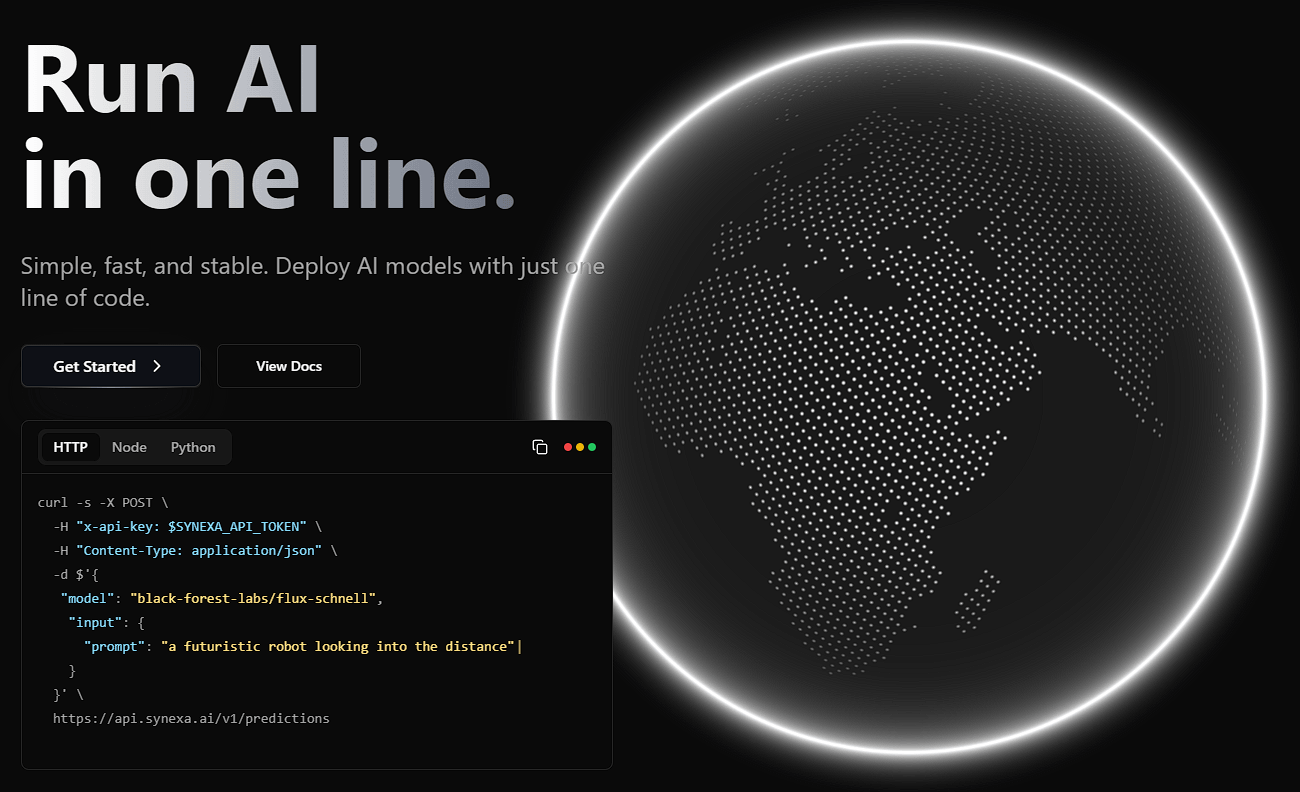 Synexa AI homepage showing an API request example with HTTP, Node, and Python options