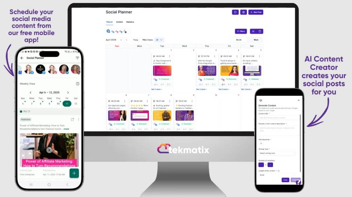 Tekmatix social media marketing and planner feature
