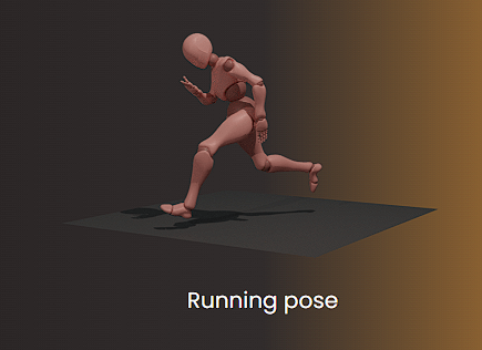 Movmi Generate Pose example showing a 3D character in a running pose