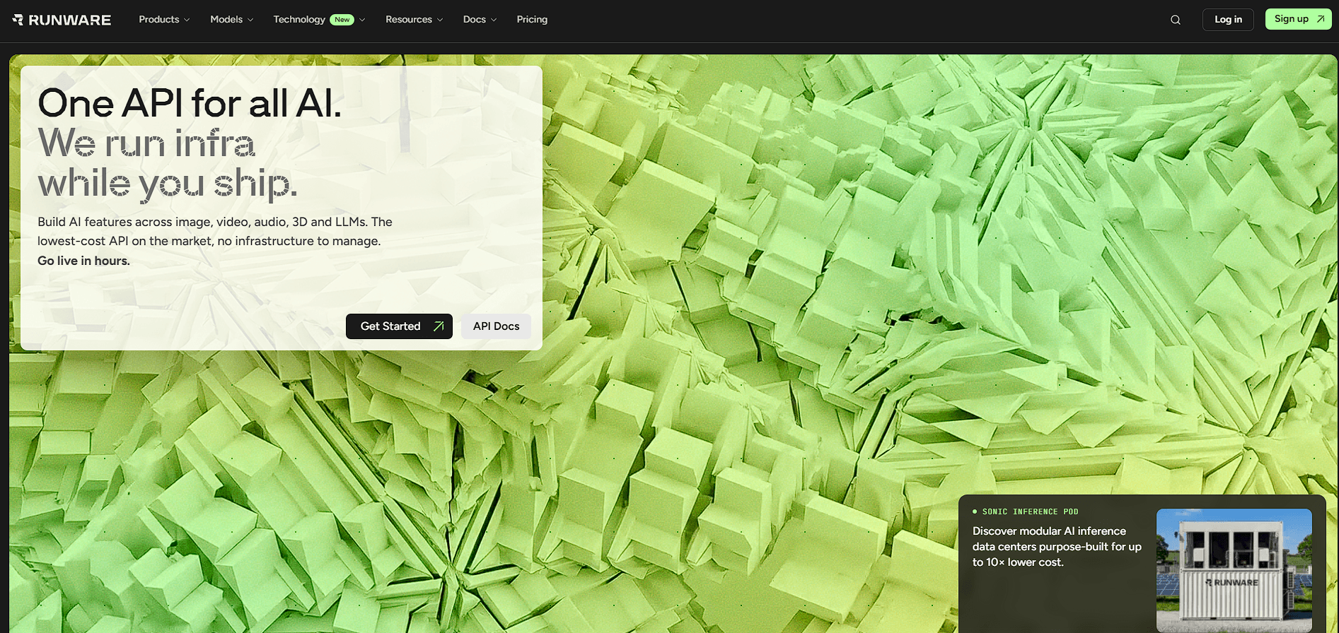 Runware website presenting one API for image, video, audio, 3D, and language model infrastructure