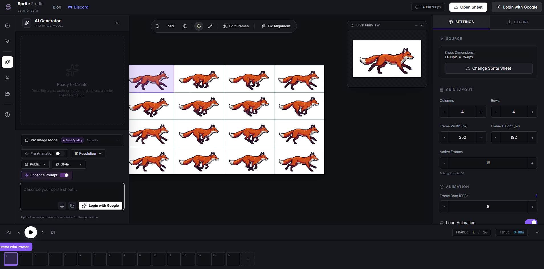 Sprite Studio sprite sheet editor showing a running fox animation, live preview, and frame settings